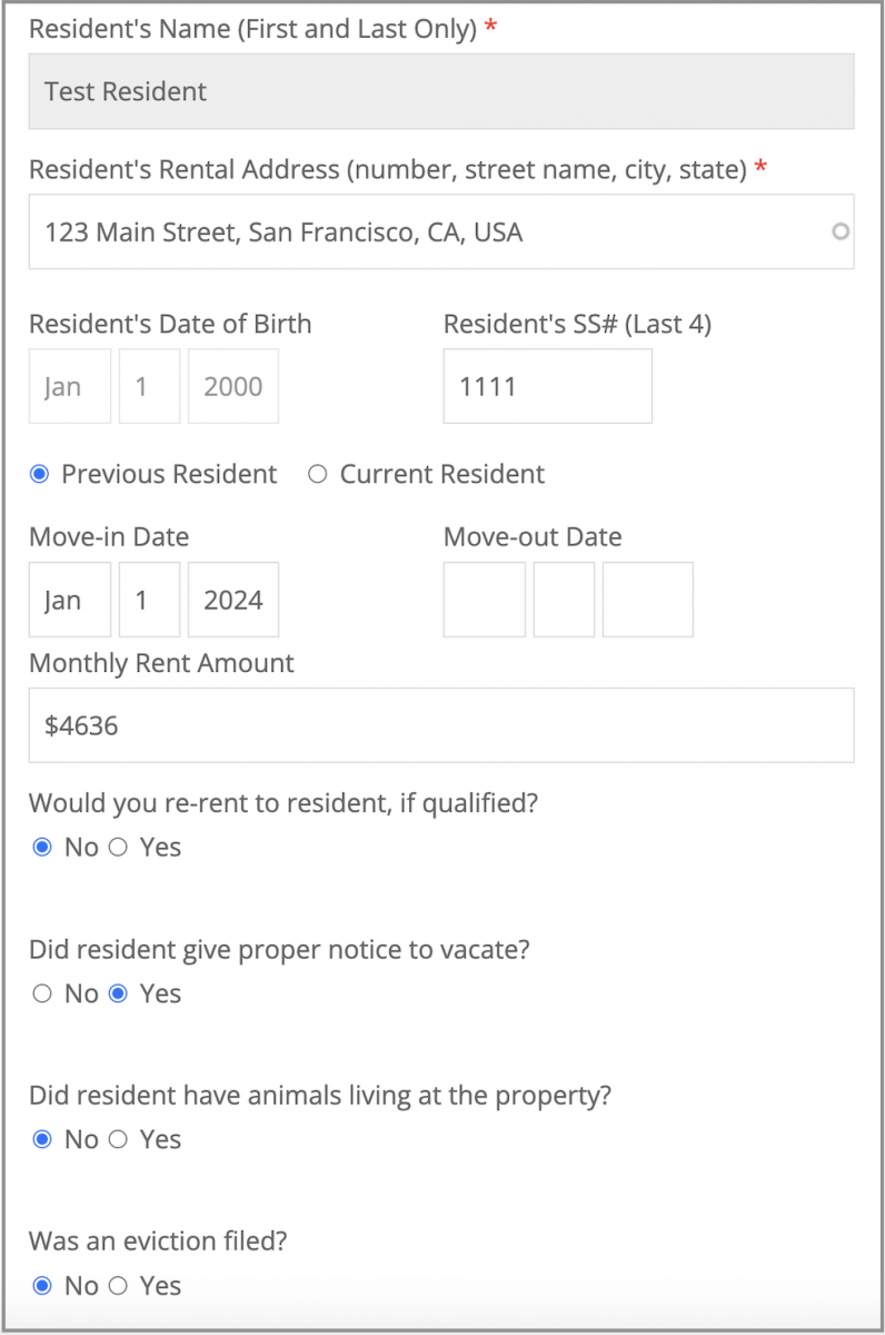Landlord fills out a landlord reference about their tenant online